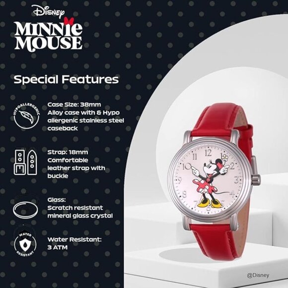 NWT - Disney Minnie Mouse Silver watch for ladies, Vintage style. Red leather st - Picture 13 of 16